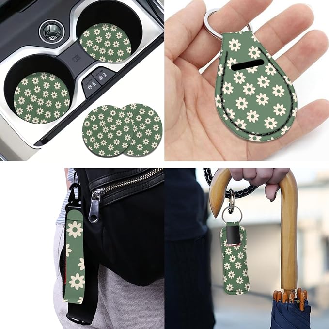 Green Groovy Flower Car Seat Cover 12 Pcs Full Set Floral Auto Steering Wheel Cover 15 Inch，Seatbelt Pad,Keychains Balm Lip Holder Case Absorbent Coasters Decoration Interior Accessory Set