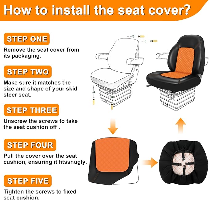 Industrial Vehicle Seat Cover for Skid Steer, Heavy Duty Leather Seat Cover, Compatible with John Deere, Caterpillar, Kubota, Bobcat, New Holland, Orange