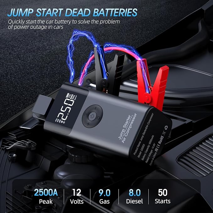 Car Battery Jump Starter with Air Compressor, 2500A Car Jumper Starter Portable (Up to 9L Gas/8L Diesel), 12V Jump Box 150PSI Auto-Shutoff Tire Inflator with Smart Clamps, Road Trip Essentials