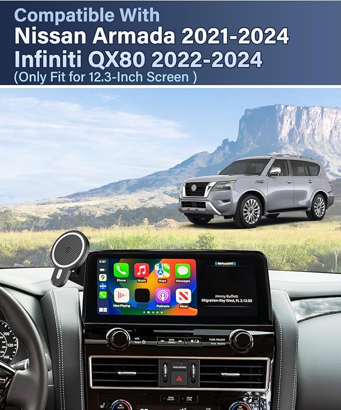 PZK Car Phone Holder for 2021-2024 Nissan Armada/ 2022-2024 Infiniti QX80 Accessories 12.3-Inch Screen Fixed Clip, Magnetic 15W Fast Wireless Charging Car Phone Mount, Automobile Cradles 360° Rotation