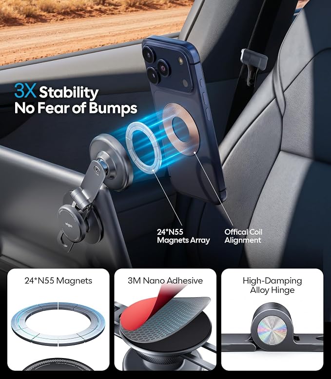 Wigoo Tesla Phone Mount [OEM-Style, Strongest Magnet] 360° Rotation Foldable Hidden Phone Holder for Tesla Model 3/Y/X/S, for Magsafe iPhone 17-12 Series, Tesla Model Y Model 3 Accessories