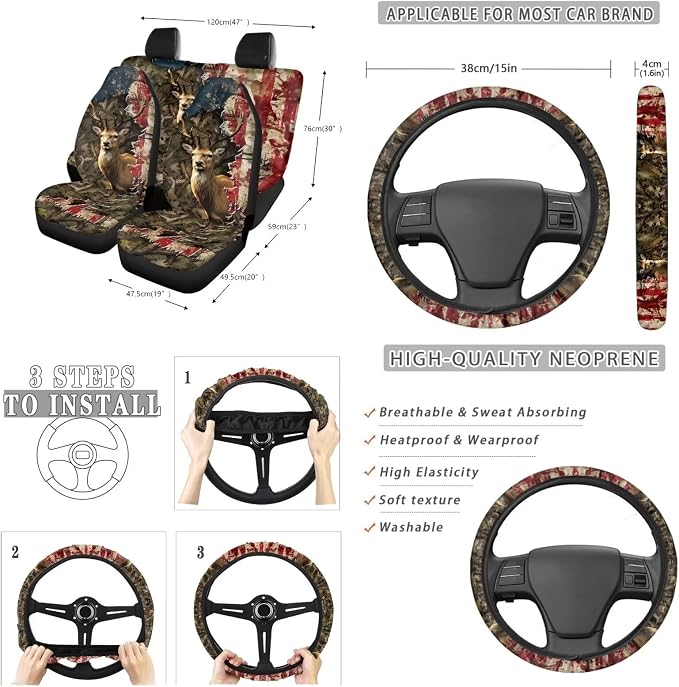 Suobstales Deer Camo American Flag Print 13 Pieces Car Accessories Set Car Seat Covers Steering Wheel Cover Cup Holder Trash Can Seat Belt Pads Keychains Rearview Mirror Cover for SUV Truck