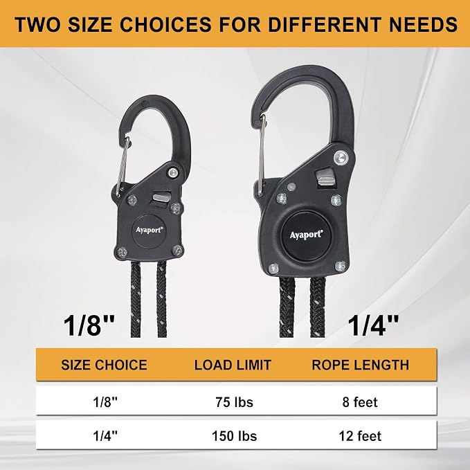 Ayaport Rope Tie Down Ratchet with Carabiner Clip 1/4" x 12' Rope Cord Tightener Heavy Duty Construction Kayak tie Downs for Tent, Tarp, Camping