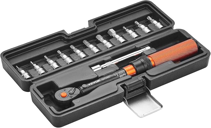 VEVOR 13Pcs Torque Wrench Set, 1/4 Inch Drive, 20-200IN.LB(2.3-22.6Nm), 72-Tooth Click Torque Wrench with Hex/Torx/Sockets, Extension Bars, for Bicycle Motorcycle Maintenance
