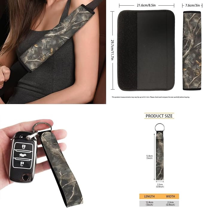 Camo Maple Leaf Car Seat Covers Front Rear Full Set with Steering Wheel Rearview Mirror Cover Seat Belt Pads Coasters Trash Bin Coasters Key Ring, 15 PCS