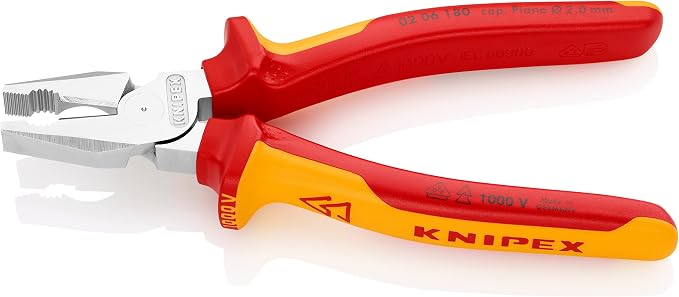 Knipex High Leverage Combination Pliers chrome-plated, insulated with multi-component grips, VDE-tested 180 mm (self-service card/blister) 02 06 180 SB