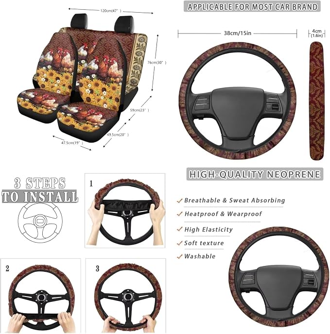 Suobstales Rooster Chicken Sunflower Print 13 Pieces Car Accessories, Includes Seat Covers, Steering Wheel Cover, Coasters, Trash Can, Seat Belt Pads, Rearview Mirror Cover, Keychains for SUV Truck