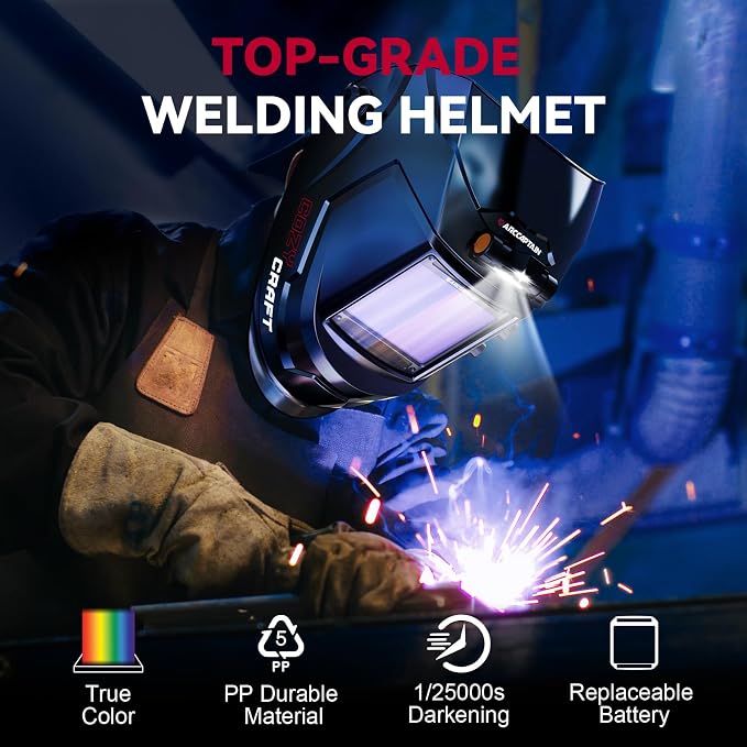 ARCCAPTAIN Large View 3.94" x 3.66" True Color Auto Darkening Welding Helmet with Light, Solar Powered Welding Hood, 4 Arc Sensor Wide Shade 4/5-9/9-13 for Stick MIG TIG Cut,Glossy Black