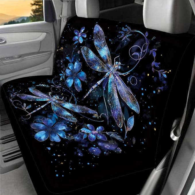Dragonfly Car Seat Covers Full Set of 18 Pcs Blue Dragonfly Car Accessories Full Set with Steering Wheel Car Covers Cars Headrest Covers Auto Trash Bag Armrest Box Pad,Easy to Install