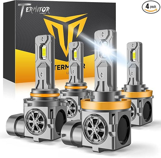 Termitor Upgraded H11 9005 Light Bulbs Combo, 100,000LM 1200% Super Bright H9 H8 Bulbs, 85000+Hrs Long Life, 1:1 Halogen Fit Plug-N-Play H9 H8 HB3 Lights Kit, 6500K White, Pack of 4