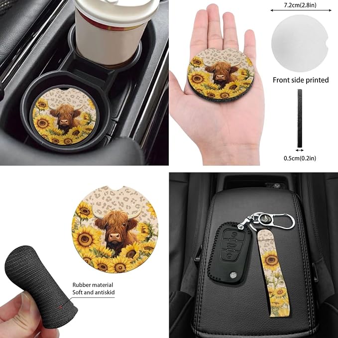 Highland Cow Car Seat Covers Full Sets+Cow Print Auto Front Rear Bench Seat Covers for Most Vehicle+Steering Wheel Cover+Keychain+Coaster+Mirror Covers+Seatbelt Pads for Women