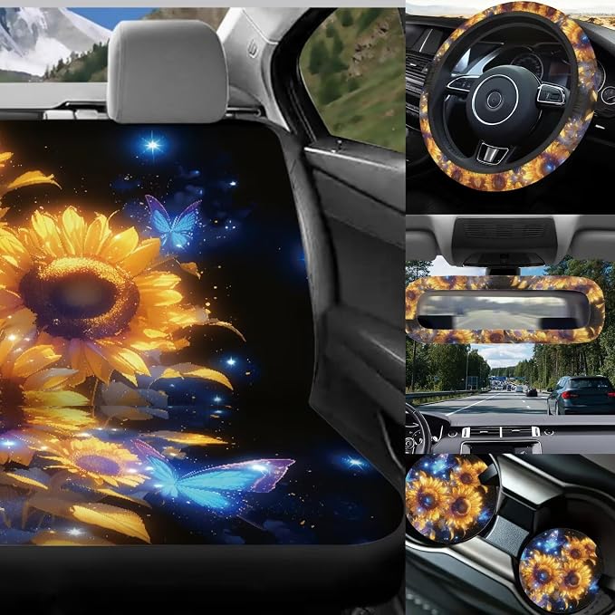Sunflowers Car Seat Covers Full Set for Women,17 Pack Neon Sunflowers Car Aaccessories with Butterfly Vehicle Trash Bag Headrest Covers Steering Wheel Cover,Universal Fit Most Car