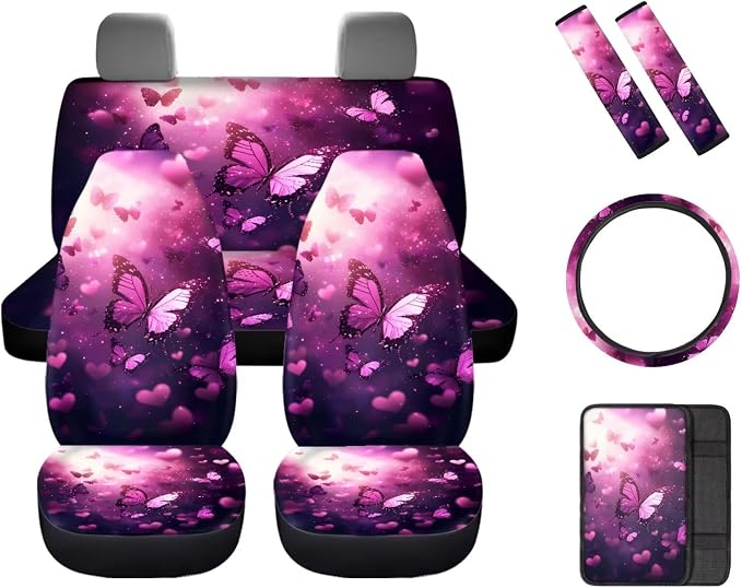 8 Pcs Pink Butterfly Car Interior Accessories Set for Women, Car Seat Cover Full Set with Steering Wheel Cover Center Console Seat Belt Pads, Automotive Decorations