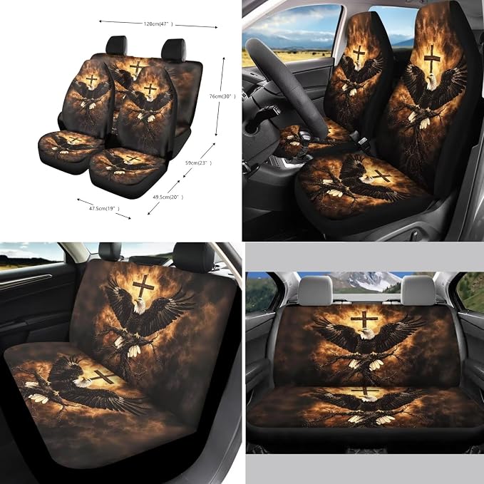 Suobstales Eagle Cross Fire Print Car Seat Covers 11 Pcs Car Accessories Interior Set Auto Front Rear Split Seats Protectors with Steering Wheel Cover, Seatbelt Pads, Cup Holder, Keychain