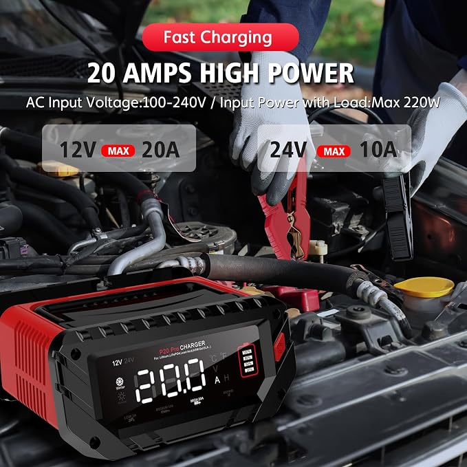 20 Amp Battery Charger 12V/24V Lithium LiFePO4 Lead Acid Fully Automatic Battery Maintainer, Car Battery Trickle Charger w/Overcharge Protection Repair for AGM, Deep Cycle Battery