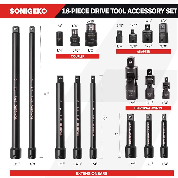 29 pieces 1/2" Drive Impact Sockets Set，18 pieces Impact Drive Extension Bar Set