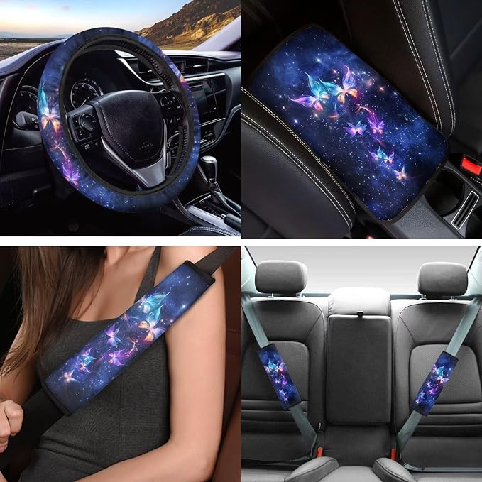 Galaxy Butterfly Car Seat Covers Full Set 12Pcs Purple Butterflies Auto Seat Cover Front Rear Seats Protection,Butterfly Steering Wheel Cover Keychain Armrest Pads for Women Interior Sets