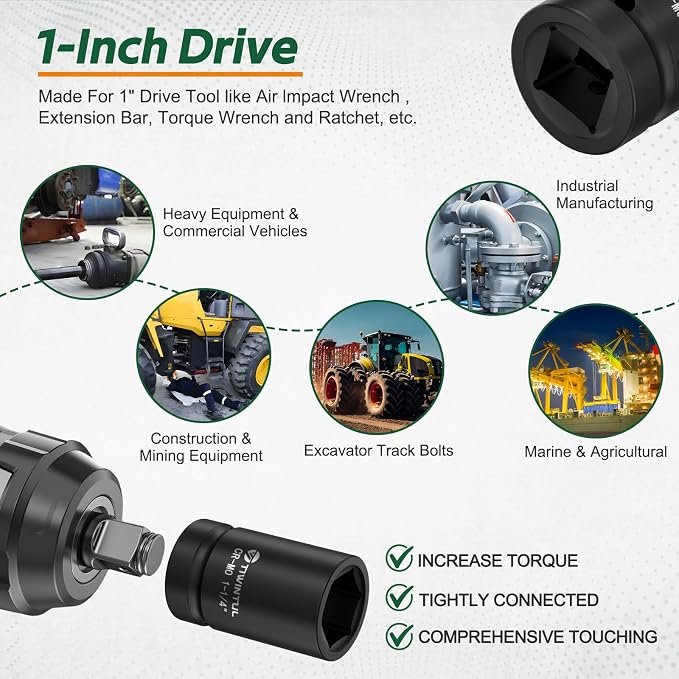 1-1/4” Impact Socket 1" Drive for Semi-Truck & Heavy Equipment | 6 Point Design, CR-MO, ANSI Certified, Heavy Duty Socket 1 Inch Drive for Mining & Construction, Farm Equipment Maintenance