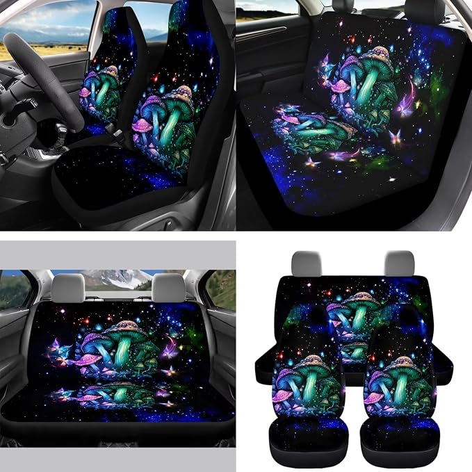 Novelty Mushroom Car Seat Covers Full Set for Women Cute Car Accessories Interior Car Steering Wheel Cover Seatbelt Covers Trash Bin Rear View Mirror Cover Cup Holders Keychain