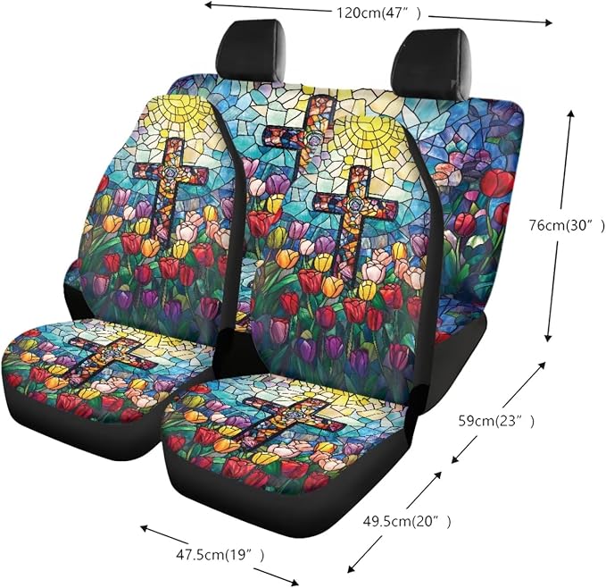Stained Glass Cross Tulip Pattern Car Accessories Pack of 13, Auto Front and Rear Seat Cover Full Set, 1 Steering Wheel Cover, 4 Seat Belt Cover, 4 Cup Holder Coasters Universal Fit