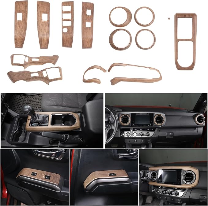14PCS Full Set Interior Decoration Trim Kit Compatible with Toyot@ Tacoma 2016-2022 Central Control Dashboard Frame Cover Shift Knob Cover Air Vent Trim Cover Window Button Cover (Pear Wood Grain)