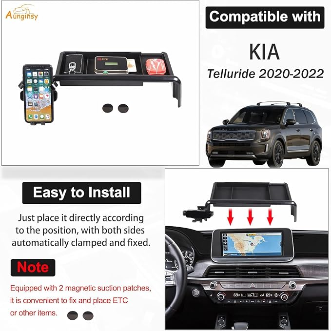Aunginsy Center Console Dash Storage Tray with Phone Holder Compatible with Kia Telluride 2020-2022, Dashboard Multi-Functional Mobile Phone Mount Storage Box, Dash Organizer Tray Insert Accessories