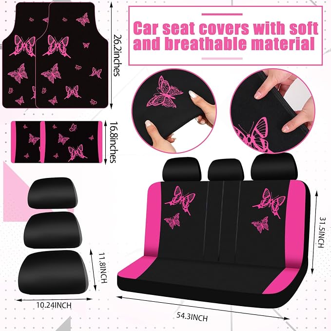 BBTO 47 Pcs Car Seat Full Set Car Accessories for Women 5 Front Rear Seat Covers Wrist Strap 2 Pieces Cup Mat Armrest Pad 2 Belt Cover Accessories for SUV(Rose Red)