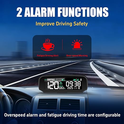 X100 Wireless Heads Up Display for Cars Solar GPS Digital Speedometer with LCD Screen Overspeed Alarm KMH/MPH Time/Altitude/Temperature/Speed Display, Vibration Wake-Up, Auto-Brightness Adjustment