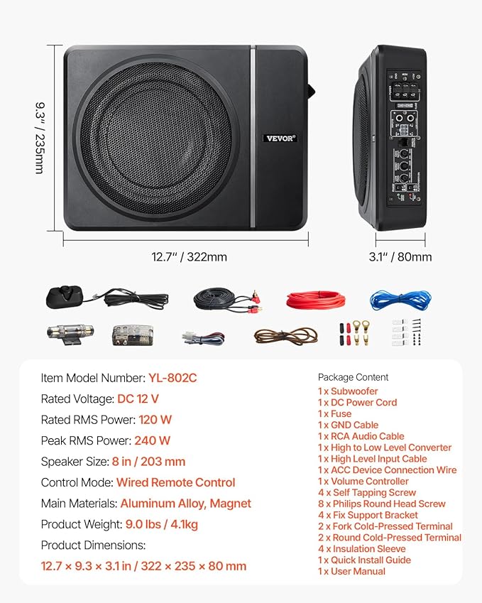 VEVOR 8" 240W Underseat Car Subwoofer, Slim Powered Car Subwoofers Under The Seat, Low Profile Audio Sub Built-in Amplifier, High/Low Level Input & Volume Controller for SUVs, Car, Truck, RV