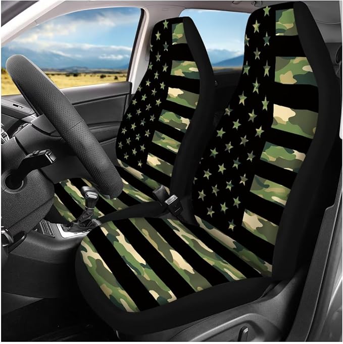 Ystardream Camo American Flag Car Interior Accessories Set Car Seat Covers Full Set for Women, Anti-Slip Automobile Front Rear Seat Covers Easy to Install, Universal Fit for Auto Truck Van SUV
