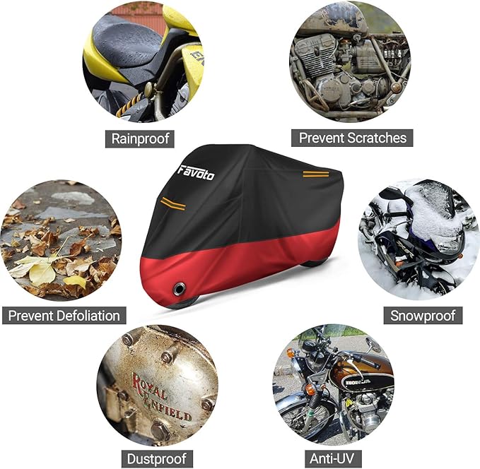 Favoto Motorcycle Cover Waterproof Outdoor - All Season Weather Dust Sun Rain Protection Night Reflective with Lock-Holes Storage Bag Fits up to 96.5" Motorcycles Tarp Dirtbike Cover