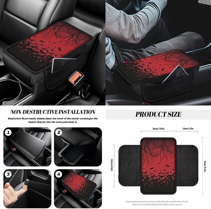 Bat Print Car Seat Covers Full Set High Back Bucket Seat Covers with Steering Wheel Cover Center Console Armrest Pad Seatbelt Pads Car Rear View Mirror Protector Garbage Bag