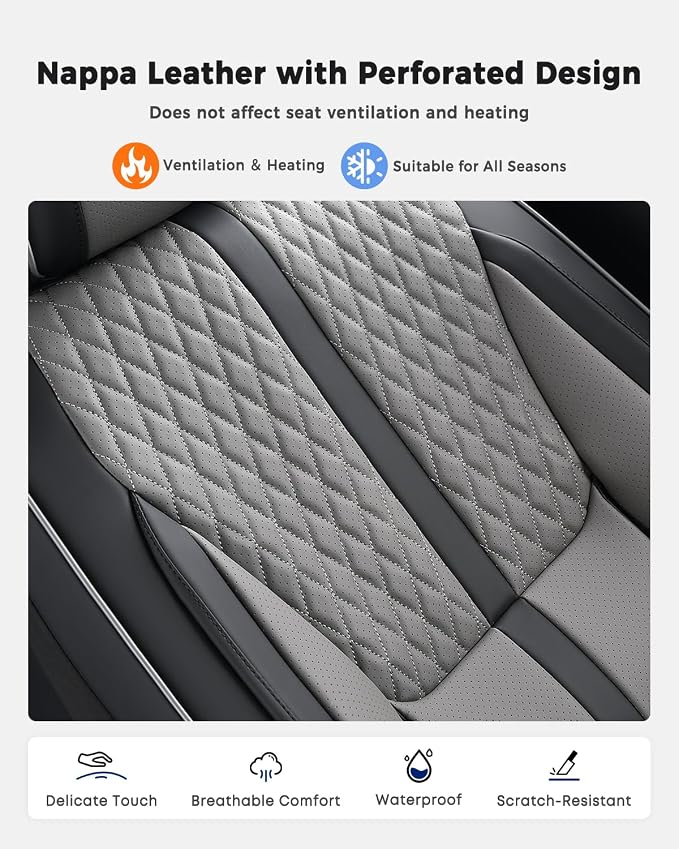 Huidasource Automotive Seat Covers, Nappa Leather Seat Covers Leather with Velcro Adjustable, Airbag, Lumbar Support, Cooling＆Heating, Waterproof Seat Covers Fit for Most Cars SUV Trucks, Black＆Gray