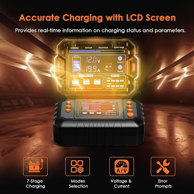 WAVLINK 280W Smart Battery Charger, Max. 20A Trickle Charger with LCD Display, for 6V/12V/24V Lead-Acid/Lithium/LiFePO4 Batteries, Battery Maintainer and Desulfurizer for Cars,Boats, Motorcycles