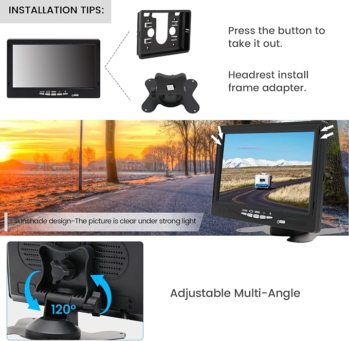 Anina 7" TFT LCD Car Monitor 2 Split Screen 4-PIN Connector Video Inputs Color Display Screen Sunshade Anti-Glare Remote Control for Car/Pickup/Truck/SUV Rear Side Front View Backup Camera Monitor