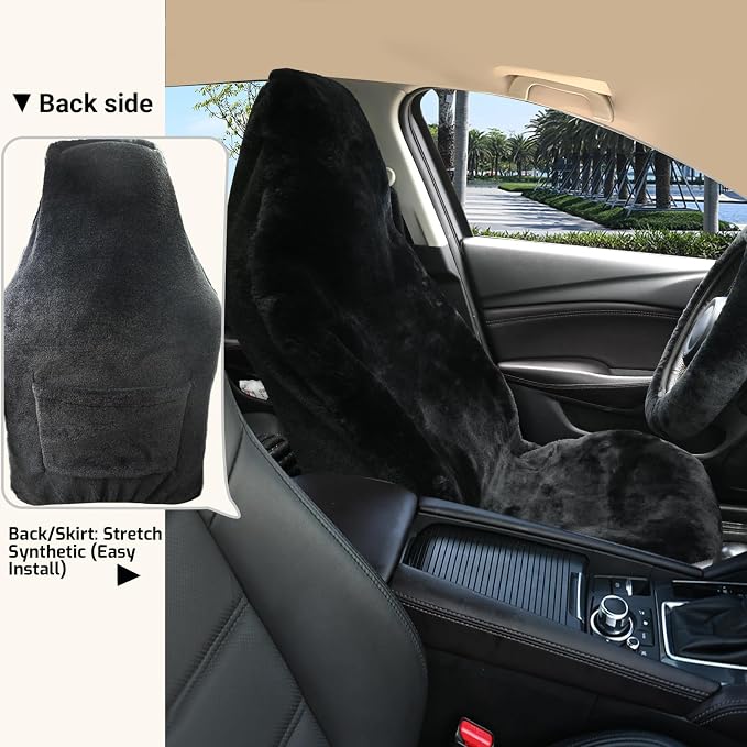 Aegis Cover Sheepskin Car Seat Cover Genuine Australian Merino Wool Front Seat Cover Luxury Dense Pelt Universal Fit for Most SUVs, Trucks, Bucket-Style, 54 X 22 Inches (CS-Black)