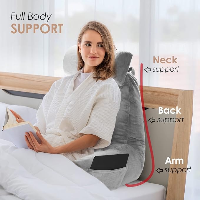Nestl Reading Pillow with Shredded Memory Foam Includes 2 Neck and Lumber Support Pillows, Designed for Sitting Up in Bed and Couch, Back and Arms Adjustable Support for Adult & Teens, Light Grey