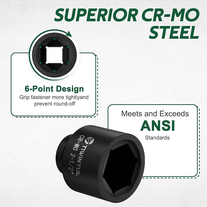 2-1/2" Impact Socket 1" Drive, 6 Point Design, CR-MO, ANSI Certified, Large & Spindle Nut Socket 1 Inch Drive for Heavy Truck, Construction, Oilfield & Equipment Service