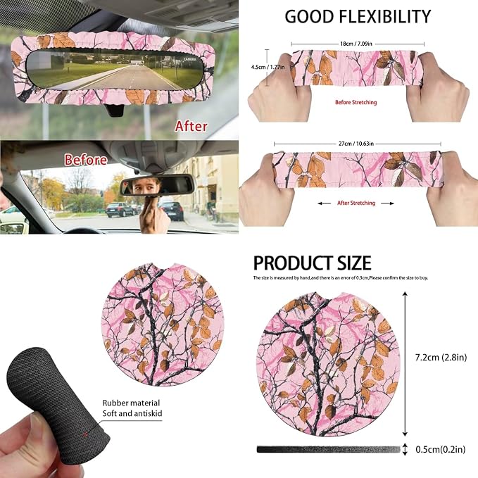 Pink Auto Interior Accessories Camo Leaves Car Seat Covers with Auto Steering Wheel Cover Seat Belt Covers Car Trash Can View Mirror Cover Coaster Keychains