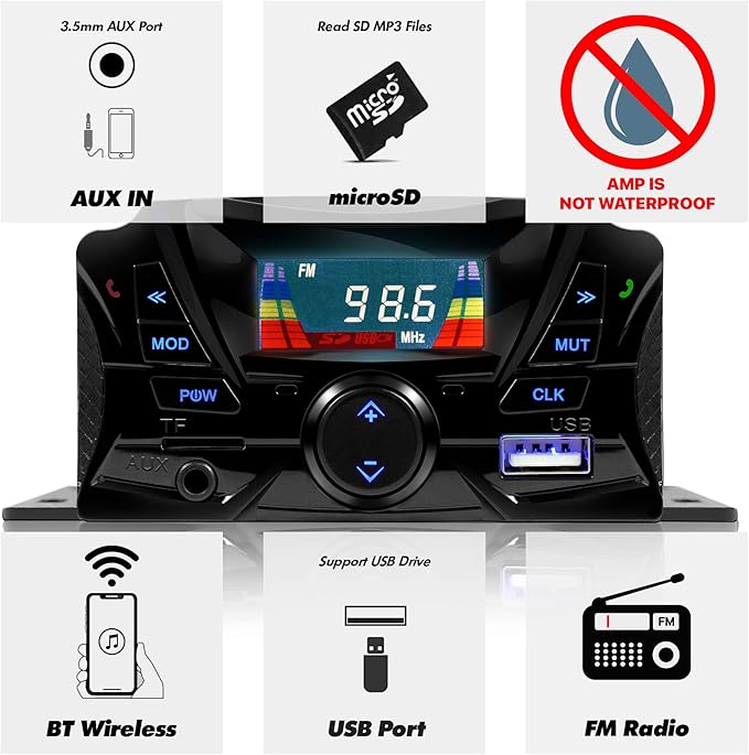 GoHawk Motorcycle Speakers Bluetooth, Waterproof Speakers and Amplifier Audio Sound System, Weatherproof, FM Radio, Volume Control, ATV UTV w/AUX in, USB, Micro SD