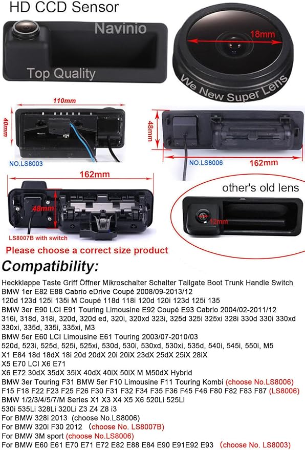 Waterproof Trunk Handle Tailgate Reverse Camera Car Rear View Back up Camera Replacement for BMW 1/2/3/4/5/6/7/M Series X1 X3 X4 X5 X6 520Li 525Li (LS8007B with Switch)