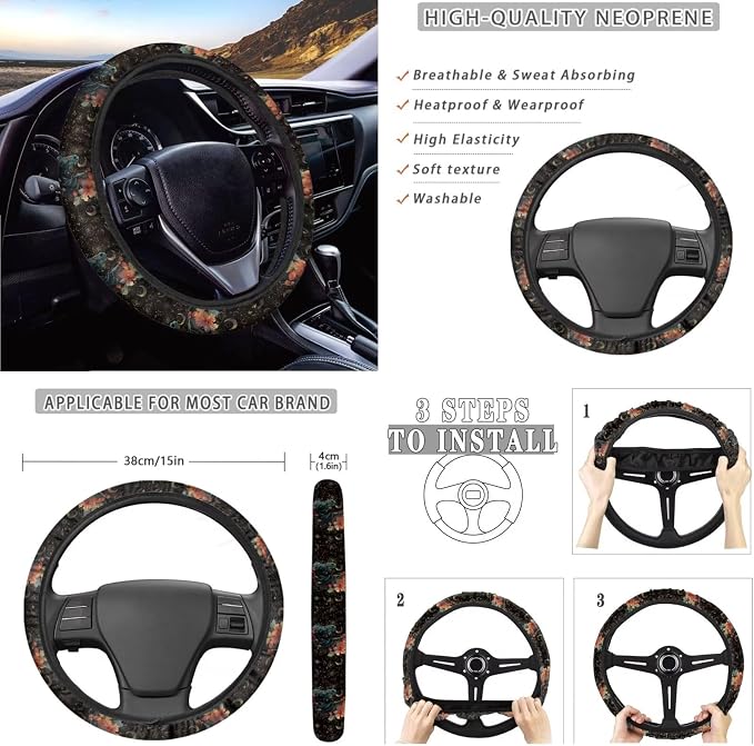 Horse Hibiscus Moon Star Pattern Print 10 Pack Car Accessories, Front and Rear Seat Covers Car Trash Bin Steering Wheel Cover Cup Holders Keychain Air Vent Storage Bag Car Interior Decor