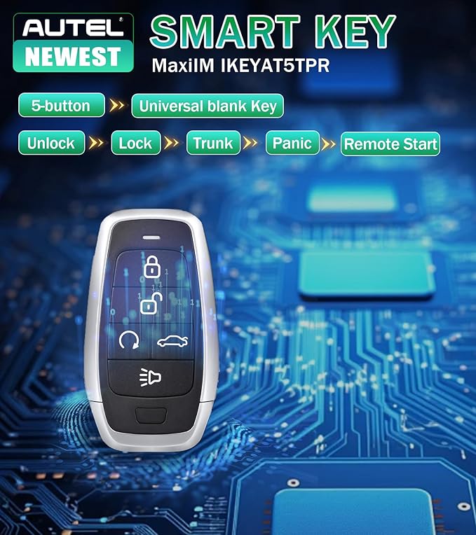 Autel MaxiIM IKEY IKEYAT5TPR Programmable Smart Key Replacement 5 Buttons Lock Unlock Air Suspension Remote Start Panic Buttons OE-Quality for 700+ Vehicles OBD Learning 40 meters/130 feet
