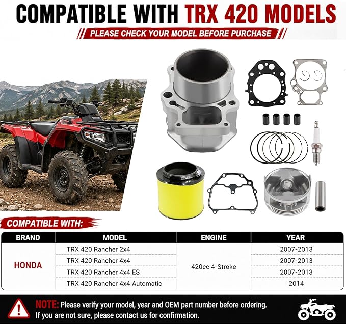 86.5MM Top End Rebuild Kit Compatible with Honda TRX420 TRX420EX Rancher420 engine 2007-2023 12100-HP7-A00 12191-HP5-601 12251-HP7-A01