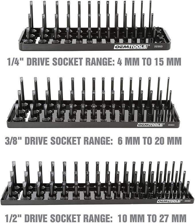 OEMTOOLS 22338 3-Post Metric Socket Tray Set, 3 Piece, Deep, Shallow, and Impact 3 Row Socket Organizer for Tool Box Drawer, Holds 141 Tools, 1/4, 3/8, and 1/2 Inch Drive, Metric, Black