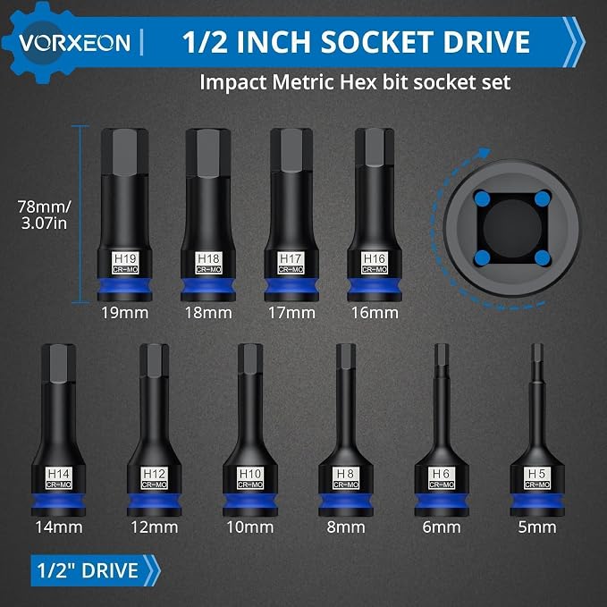 10 Pcs 1/2" Drive Metric Impact Allen Hex Bit Socket Set 42 Cr-Mo 5mm - 19mm One-piece construction with Storage case for Automotive repair