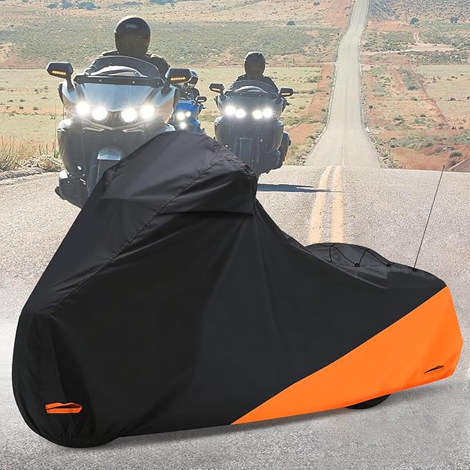 Waterproof Motorcycle Cover for Touring Models Made for Harley Davidson Road King Road Glide Street Glide Electra Glide Low Rider-ST Indoor & Outdoor All Weather Protection (Black & Orange)