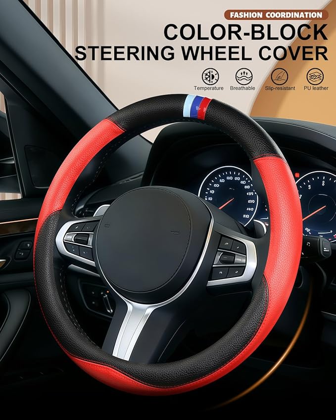 Customized Auto Car Steering Wheel Cover for BMW X1,X2,X3,X4,X5,X6,X7,i3,i4,i5,i8 535i 740Li 335i M3 M4 M5 Z1 Z3 Z4 Z5 Mini (Red)