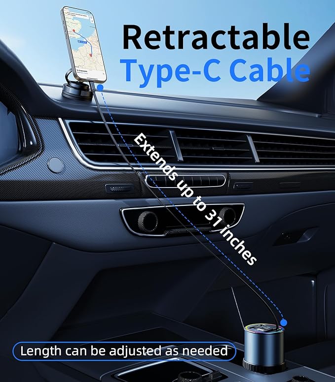 Retractable Car Charger USB Hub with RGB Light, 4 Port Car Charging Station Cigarette Lighter Adapter, Travel Essentials Car Accessories Gadgets for Men Gifts for iPhone 17 16 15 14 13 Pro Max