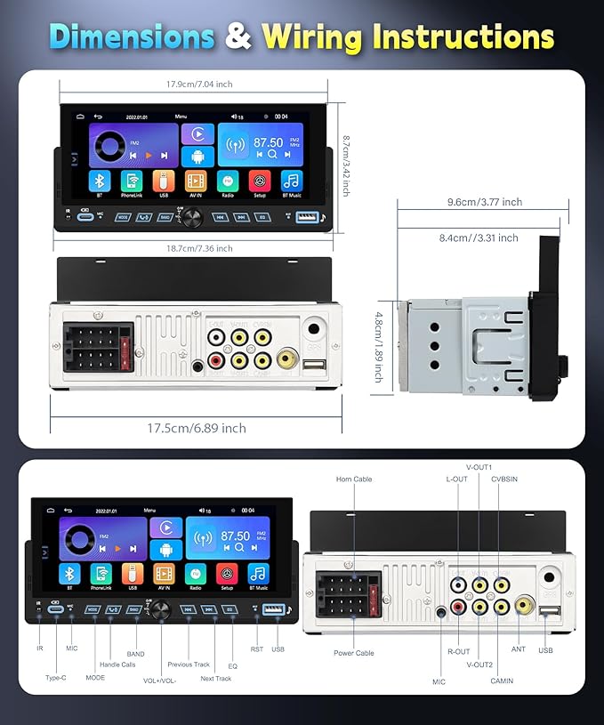 Single Din Car Stereo Wirelsss Carplay Android Auto, 1 Din Head Unit Bluetooth Backup Camera, 6.86" HD Touchscreen Radio, FM EQ USB-Type-C, Mirror Link SWC, Voice Control, Car Stereo Receivers